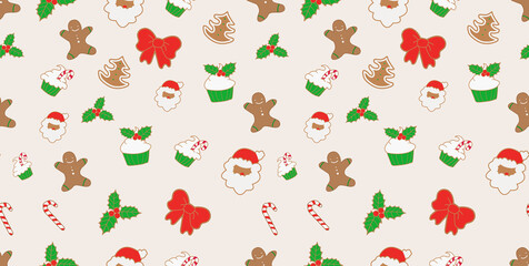 Cute Christmas pattern with gingerbread cookies, cupcakes, holly leaves on light background. Flat design vector illustration with simple shapes, same color palette, no shading gradients, white backdro