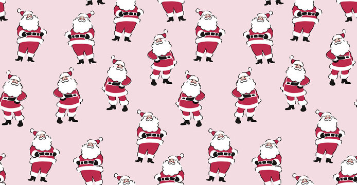 Cartoon Santa Claus Pattern with Multiple Poses and Expressions. Simple Line Art, Flat Colors on Pink Background. Cute Minimalist Graphic Design in High Resolution.