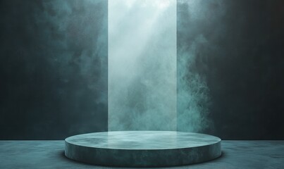 Ethereal Light Beam Illuminates Circular Stage on Dark Background