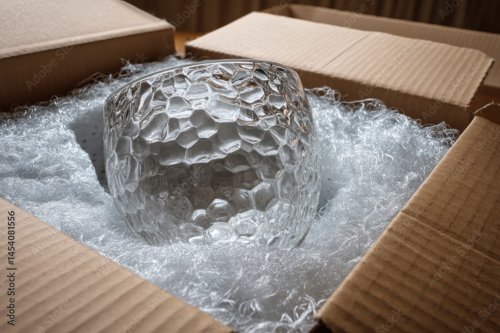 Poster Fragile Glass Object Securely Enclosed in Protective Foam Packaging in a Shipping Box for Safe Transport Generative AI