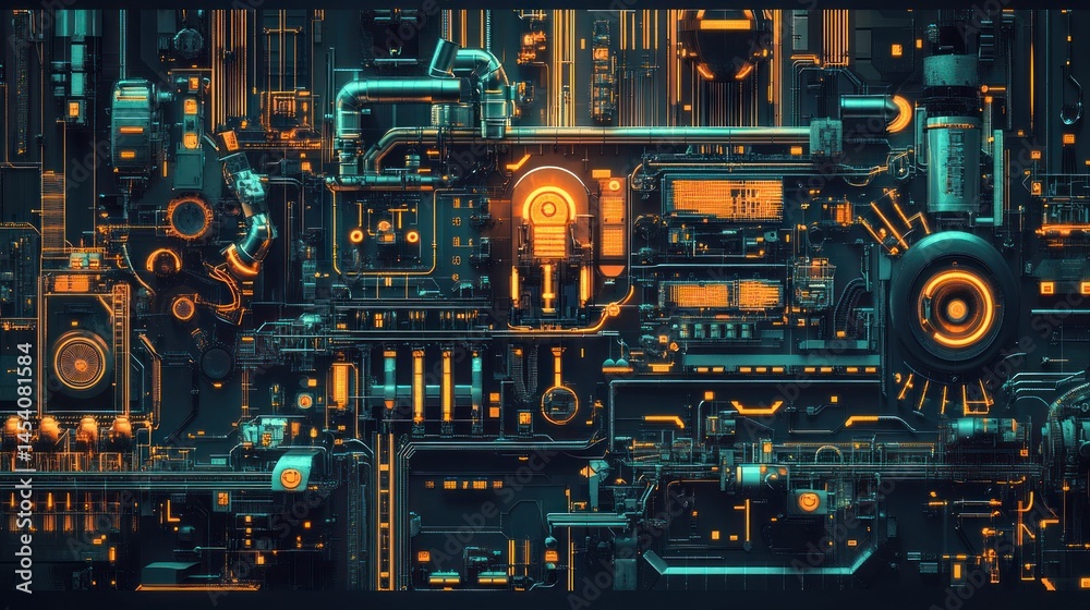 Poster Futuristic mechanical system with glowing components