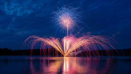 Colorful Fireworks Reflected on Tranquil Lake at Night with Tree Silhouettes