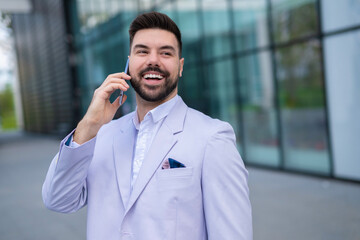 business, man, phone, call, smiling, happy, confident, outdoor, talking, modern, urban, communication, mobile, success, professional, young, beard, stylish, fashion, male, technology, conversation, co