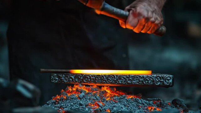 A blacksmith forges glowing metal with a hammer in a workshop.