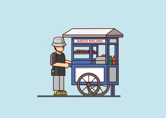 The meatball seller is pushing his meatball cart