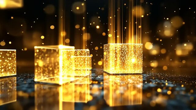 Golden glowing cubes levitate in a dark space, reflecting light