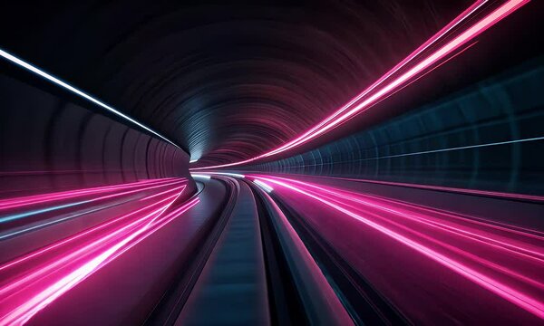 A high-speed light trail in pink neon lights, inside a dark tunnel, with a long exposure photography and speed motion blur effect