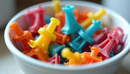 Colorful plastic clothes pegs in a washing-up bowl, bright colors, domestic