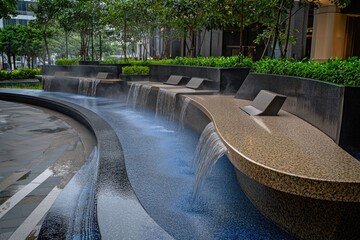 Modern outdoor water feature with seating. Lush landscaping surrounds the tranquil flowing water