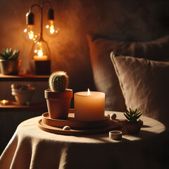 Warm Candlelit Scene with Potted Cactus on Cozy Table