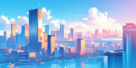 マゼンタとシアンに染まる都市のビル群と空・未来的な街並みと空を幻想的に描いたハイセンスな風景イラスト・高画質・デジタルアート