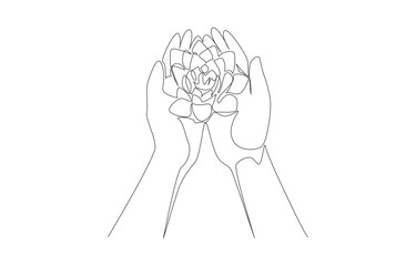 Continuous one line drawing of two hands holding blooming lotus, nurturing nature concept, single line art