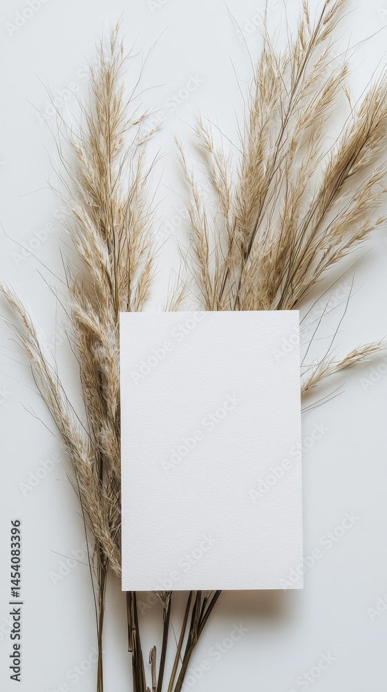 Poster a clean, blank card rests on a light backdrop surrounded by tall, feathery pampas grass, showcasing 