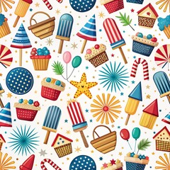 Patriotic themed pattern featuring summer treats, fireworks, and party elements.  Basket, cupcakes, popsicles, candy canes, balloons, and fireworks are scattered across a white background