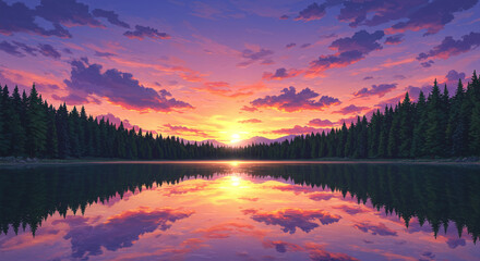 Fototapeta premium Purple Sunset Over Mountain Lake Reflection
