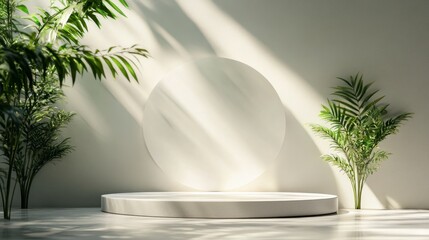 Minimalist Display with Round Platform and Tropical Greenery