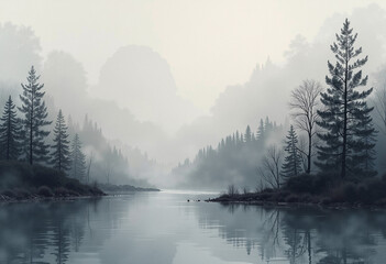 Calm mountain lake with pine trees reflecting in misty water under a hazy sky.