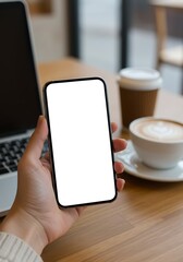 Woman Holding Smartphone with Blank Screen in Coffee Shop