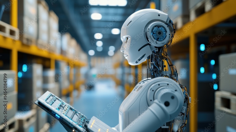 Aufkleber Autonomous robot in a warehouse setting, reviewing inventory