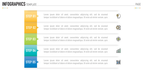 Rectangular origami infographic template or element with 5 step, process, option, colorful 3D rectangle, icons, paper cut, label, tag, button, square, bar, triangle, arrow for sale slide, internet