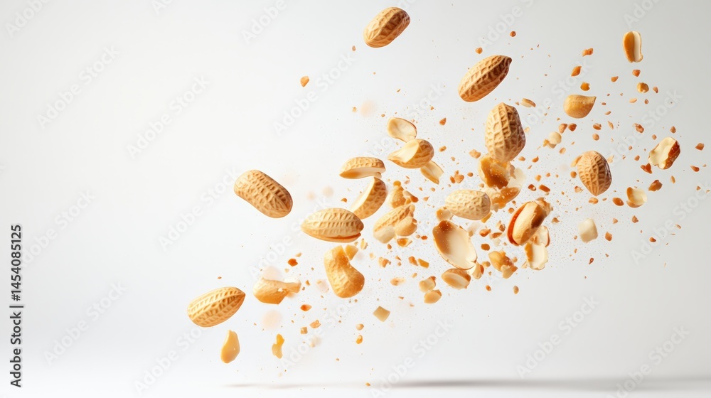 Poster Peanuts in their shells exploding and levitating against a clean white background, creating a dynamic and visually striking scene that captures attention and evokes energy