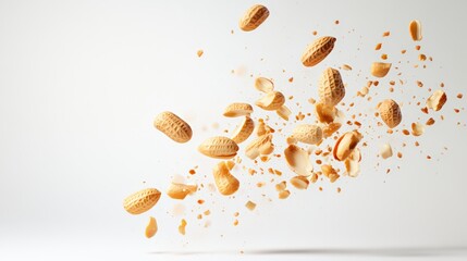 Peanuts in their shells exploding and levitating against a clean white background, creating a dynamic and visually striking scene that captures attention and evokes energy