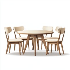 Round light brown wooden table with beige upholstered chairs