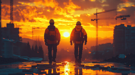 Fototapeta premium Two construction workers walk away from sunset at a construction site
