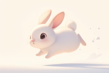 Fluffy white bunny jumping playfully. Little cottontail visible. Soft light