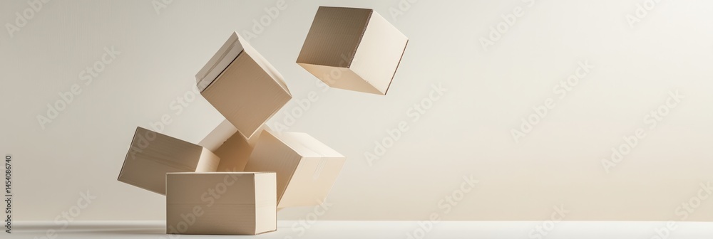 Aufkleber cardboard boxes floating in empty room, cardboard boxes of various sizes levitating and tumbling in 