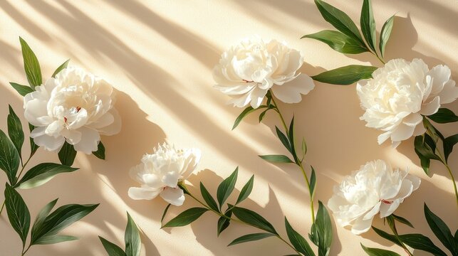 Beautiful white peonies are artfully placed alongside vibrant green leaves on a soft backdrop, illuminated by gentle sunlight creating delicate shadows