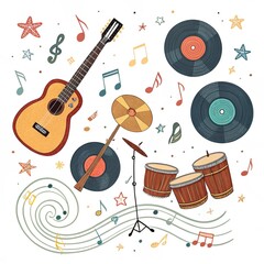 Obraz premium Colorful musical instruments and notes, creating a vibrant and cheerful design. Various instruments like guitar, drums, and records are scattered, showcasing a passion for music