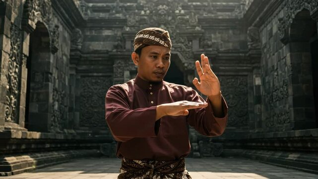 A skilled martial artist showcases traditional combat arts at a temple in Indonesia