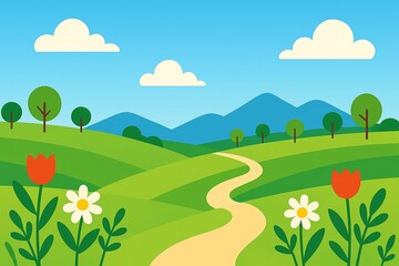 Fototapeta premium Flat Style Landscape Illustration with Green Hills, Flowers, and Path