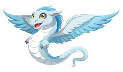 Cute blue winged serpent cartoon. Friendly mythical creature with green eyes and a playful smile. Fantasy illustration for kids.