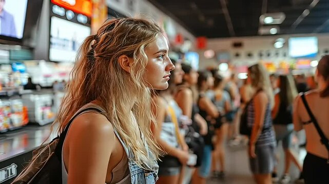 Young woman in a food court, looking ahead, with many people in the background