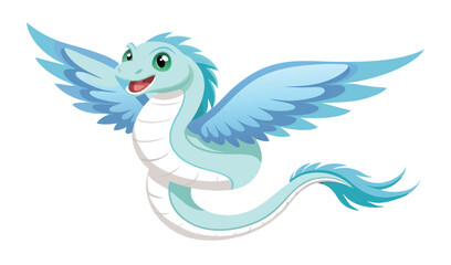 Cute blue winged serpent cartoon. Friendly mythical creature with green eyes and a playful smile. Fantasy illustration for kids.