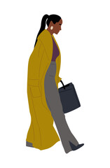 Woman walking side view wearing coat, stylish autumn, winter outwear. Pretty businesswoman with briefcase, laptop bag. Vector realistic illustration isolated on transarent background.