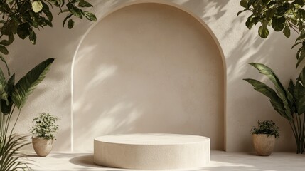 Minimalist interior scene with a circular pedestal and plants