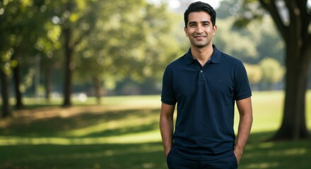 Fototapeta premium Man in polo shirt, park background
