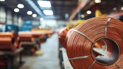 Copper wire coils in a manufacturing warehouse