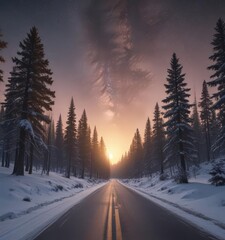 Snow-covered pines frame a sunrise-lit road; starry Milky Way above , horizon, twilight, scenic