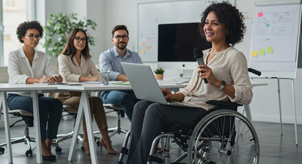A confident woman in a wheelchair leads a team meeting, showcasing inclusivity and collaboration in the workplace.
