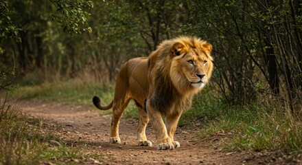 Majestic lion on forest path