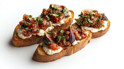 Three pieces of bread topped with a creamy white substance, possibly ricotta or cream cheese. the bread appears to be toasted and has a golden brown crust.