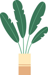 Four large green banana leaves growing from a beige pot with a brown base, adding a stylish and natural touch to home decor and enhancing the aesthetic of any living space