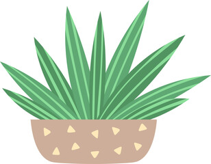 Illustration of a vibrant green plant with long, pointed leaves housed in a decorative ceramic pot featuring a geometric pattern. Ideal for home decor and botanical themes