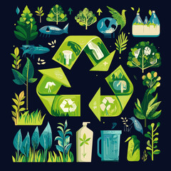 AVector illustration depicting beautiful and untouched nature: forests, mountains, rivers, clear sky and green landscapes. Symbol of environmental preservation and harmony withdobe Illustrator Artwork