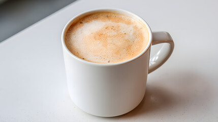 Fototapeta premium Classic Brewed Coffee Drink in White Mug on Table with Foam Texture and Warm Lighting