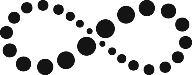Infinity symbol created with black circles of increasing and decreasing size, representing infinite possibilities, continuous loop, and endless potential